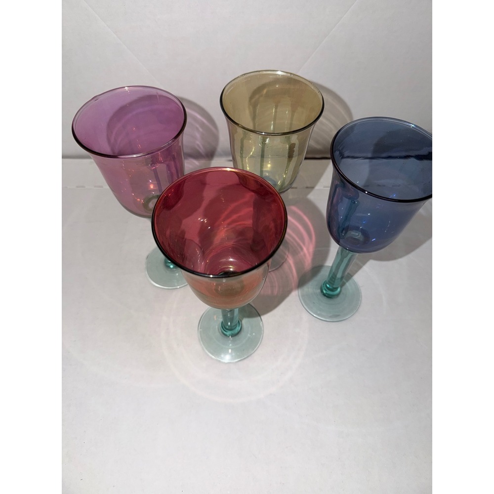 Vintage Jewel Tone Iridescent Wine Goblets 4 Mixed Colors Teal Stems 9.75" - Picture 3 of 8